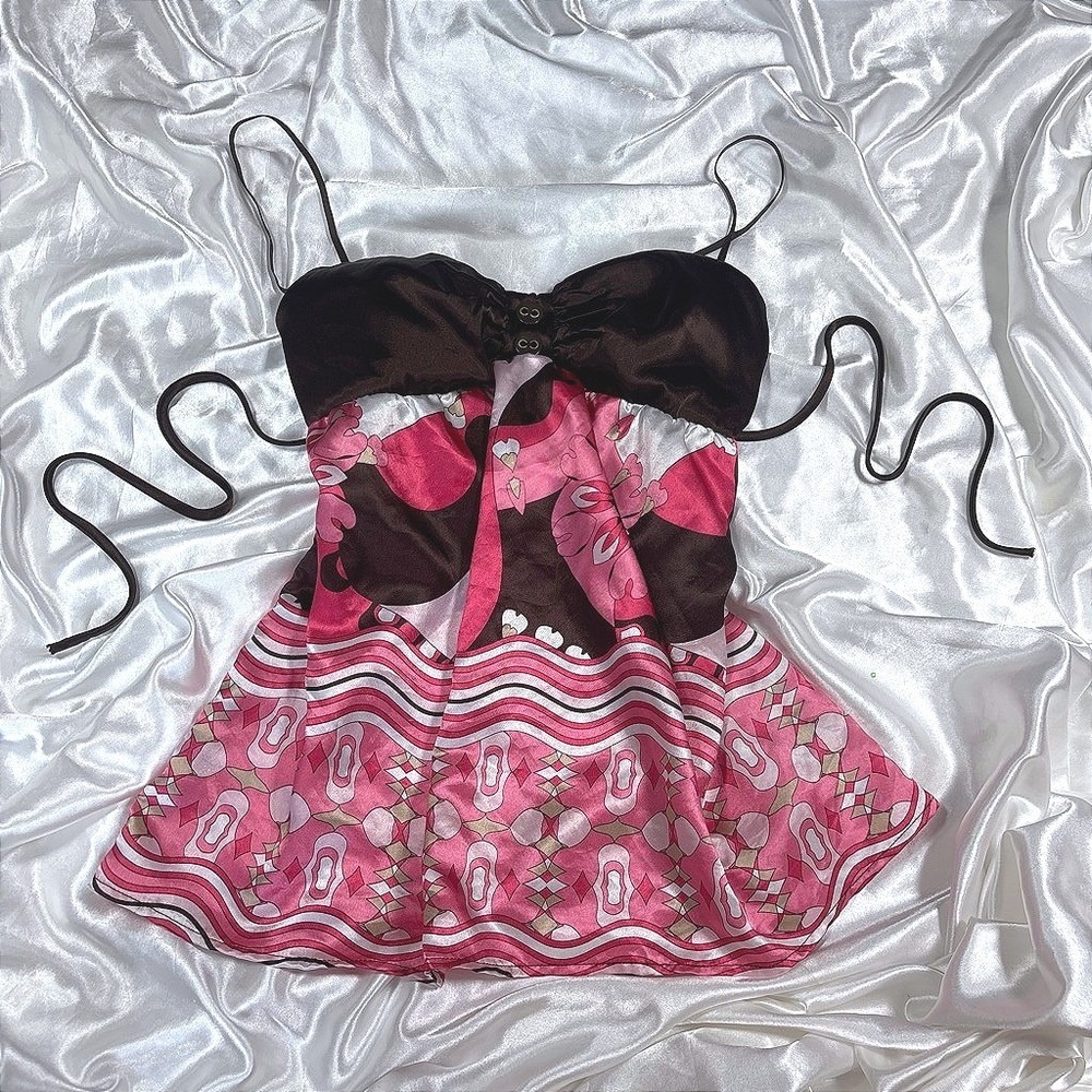 y2k Cami Top Pink Brown Excellent Miss Bisou Floral Satin Babydoll Tank